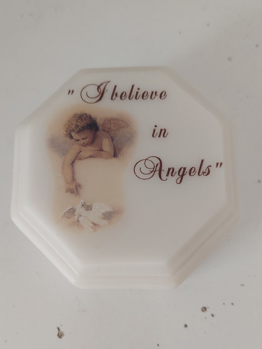 Octagonal Trinket Box with Angel Graphic - Cream